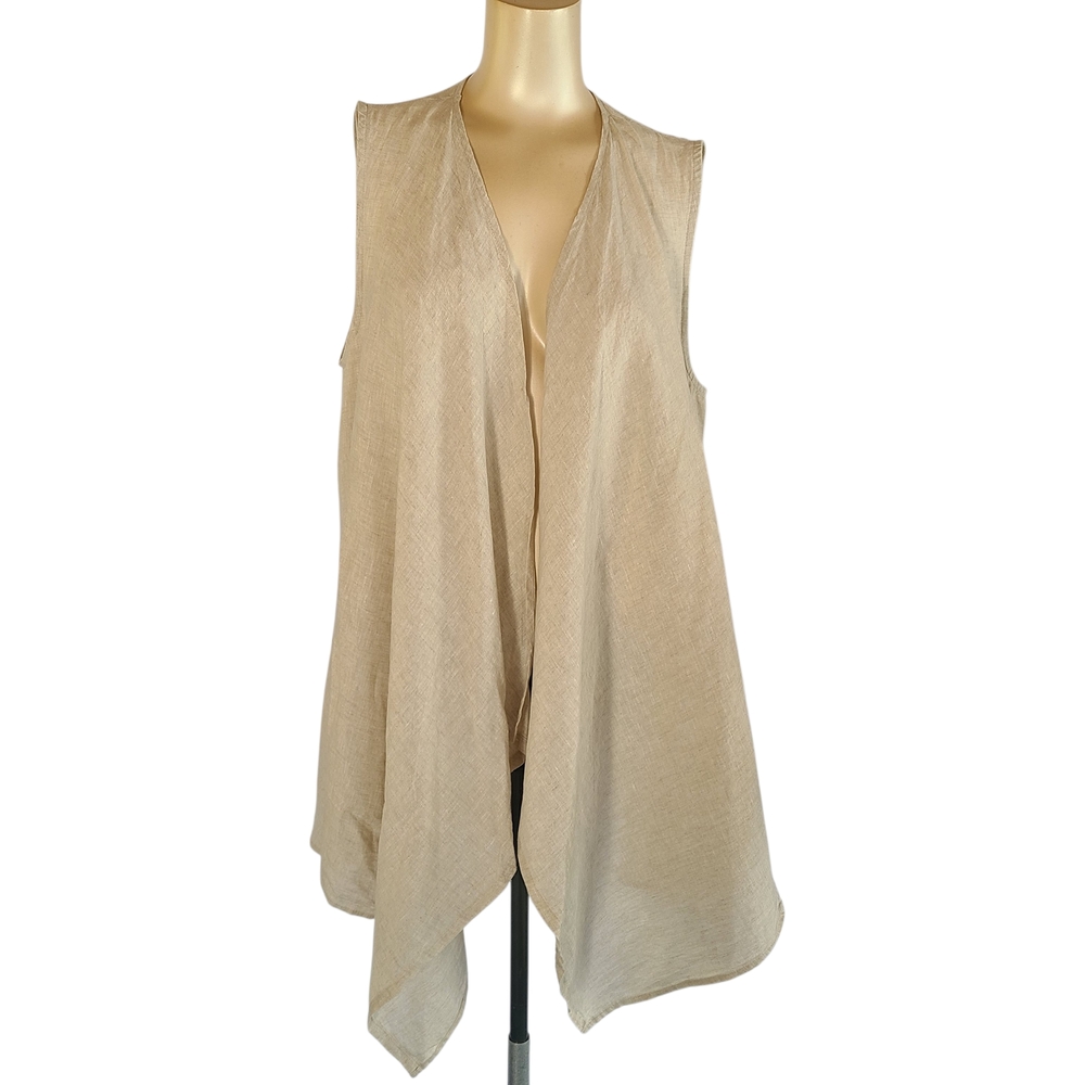 Camille & Co. 100% Linen Draped Open Front Vest Tan Lagenlook M Made in USA